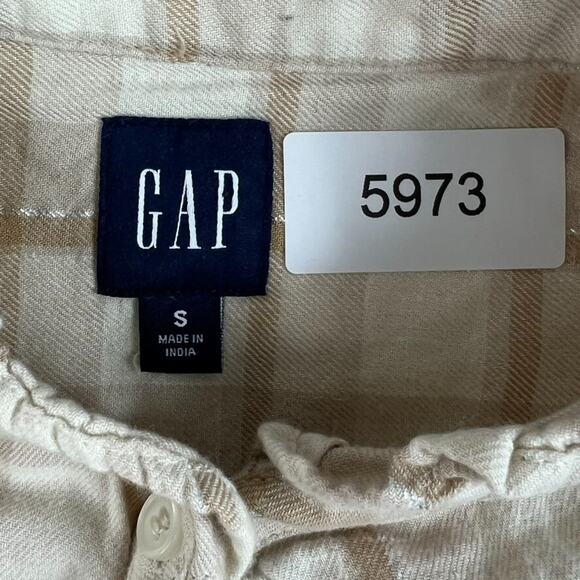 Gap Button Front Ruffle Top Women's Small Beige Plaid Half Sleeve Peasant - Picture 7 of 8